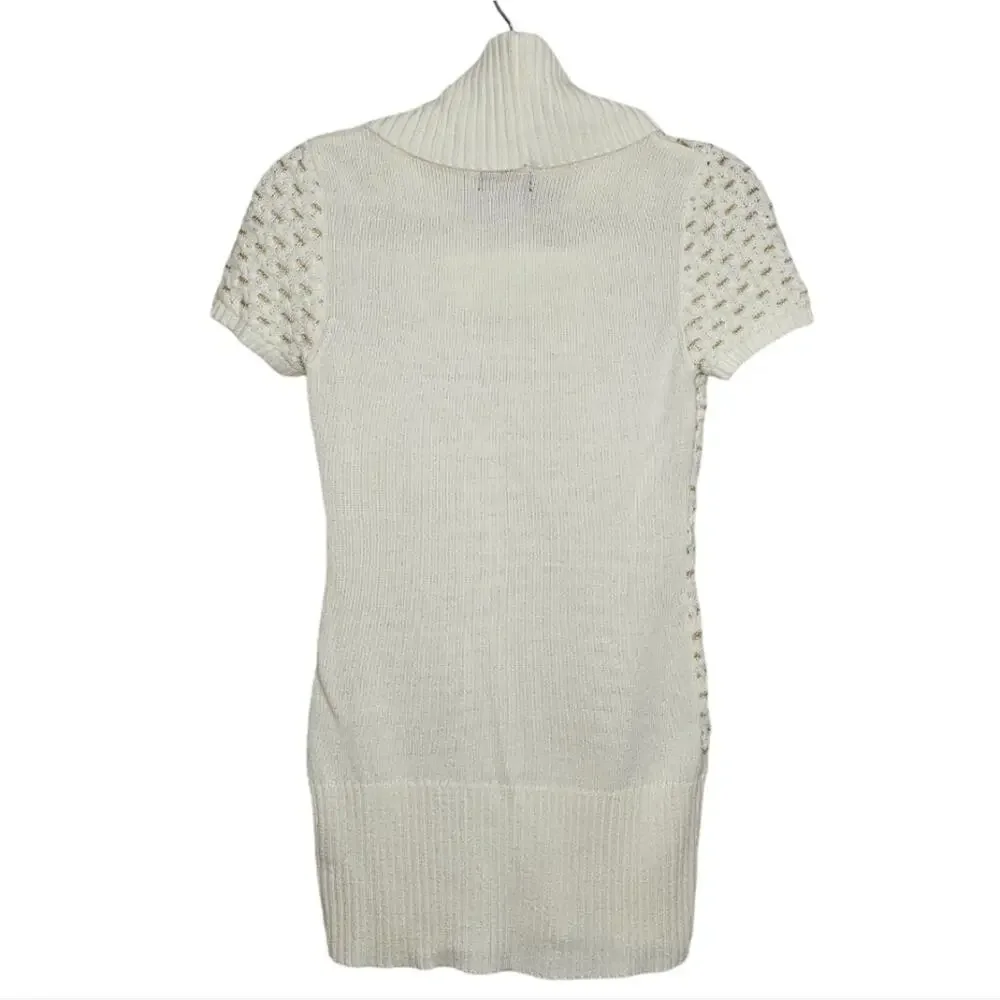 t/o Sweaters Turtleneck Short Sleeve Sweater White Accented with Gold Thread SML